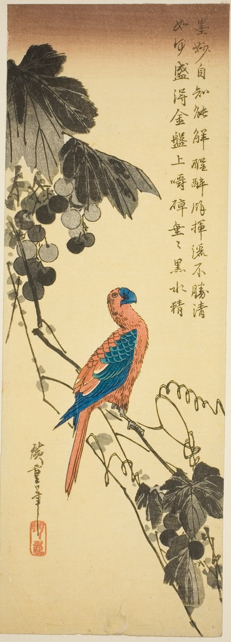 Papuga na winorośli autorstwa Utagawa Hiroshige