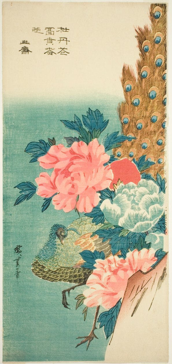 Paw i piwonie autorstwa Utagawa Hiroshige