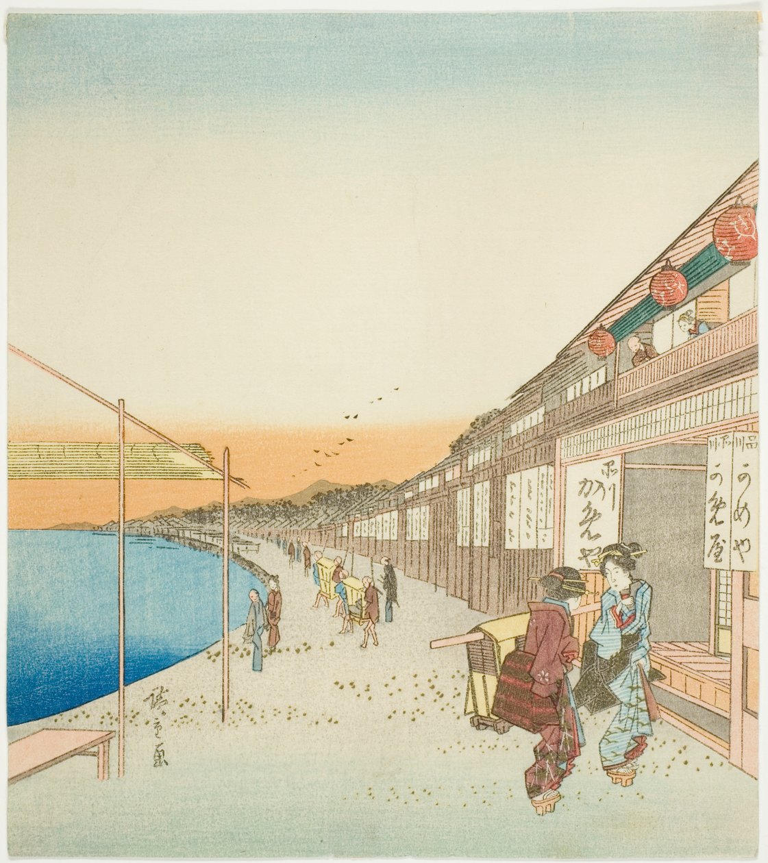 Piesi i sklepy w porcie Shinagawa autorstwa Utagawa Hiroshige