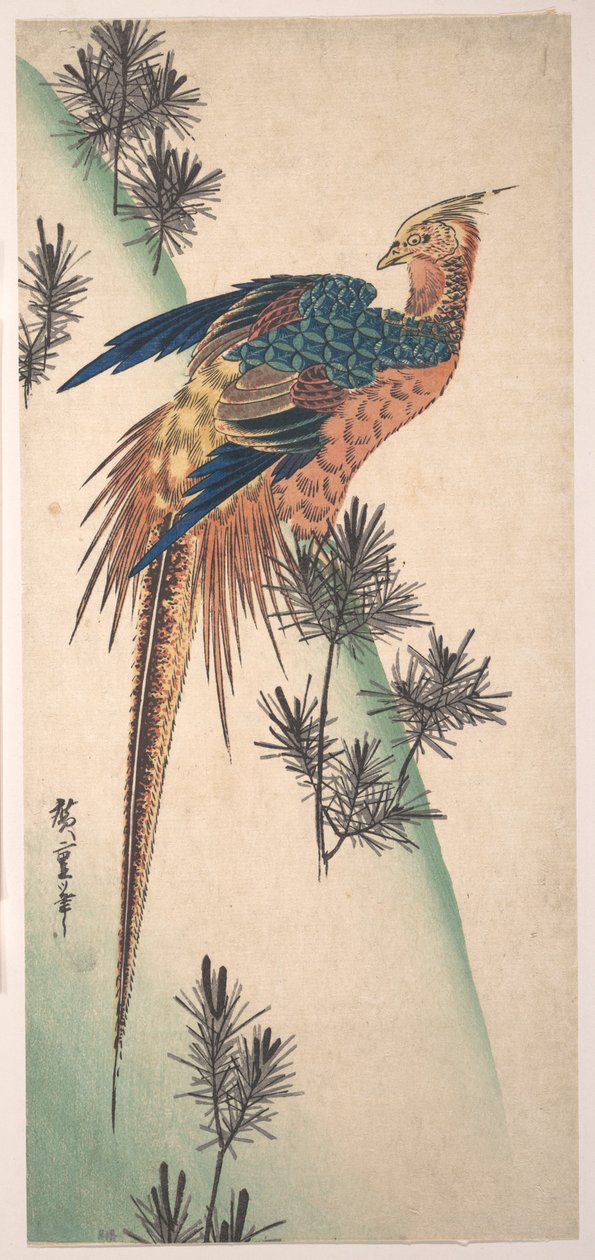 Bażant i sosny na ośnieżonym zboczu autorstwa Utagawa Hiroshige