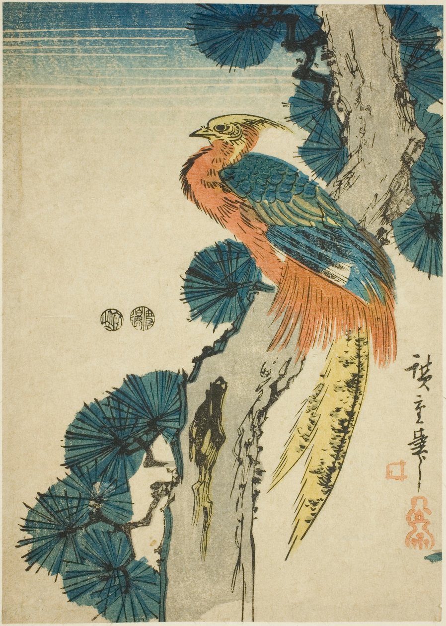 Bażant i sosna autorstwa Utagawa Hiroshige