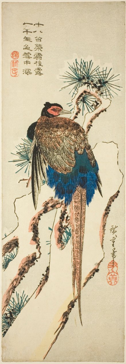 Bażant na ośnieżonej sośnie autorstwa Utagawa Hiroshige