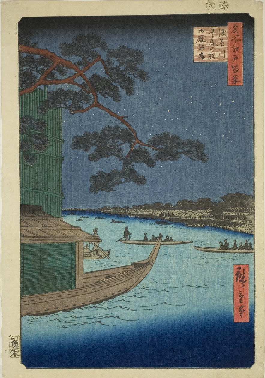 Pine f Sutto s Plan d Umaya, rzeka Asakusa (konie sosnowe obronne rzeki Asakusa i głód), sto widoków Edo)” autorstwa Utagawa Hiroshige