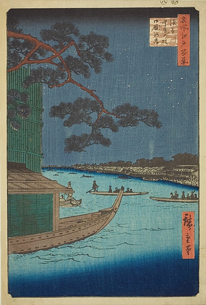 Sosna sukcesu i Oumayagashi, rzeka Asakusa (Asakusagawa Shubi no matsu Oumayagashi), nr 61 z serii "Sto słynnych widoków Edo (Meisho Edo hyakkei)". autorstwa Utagawa Hiroshige
