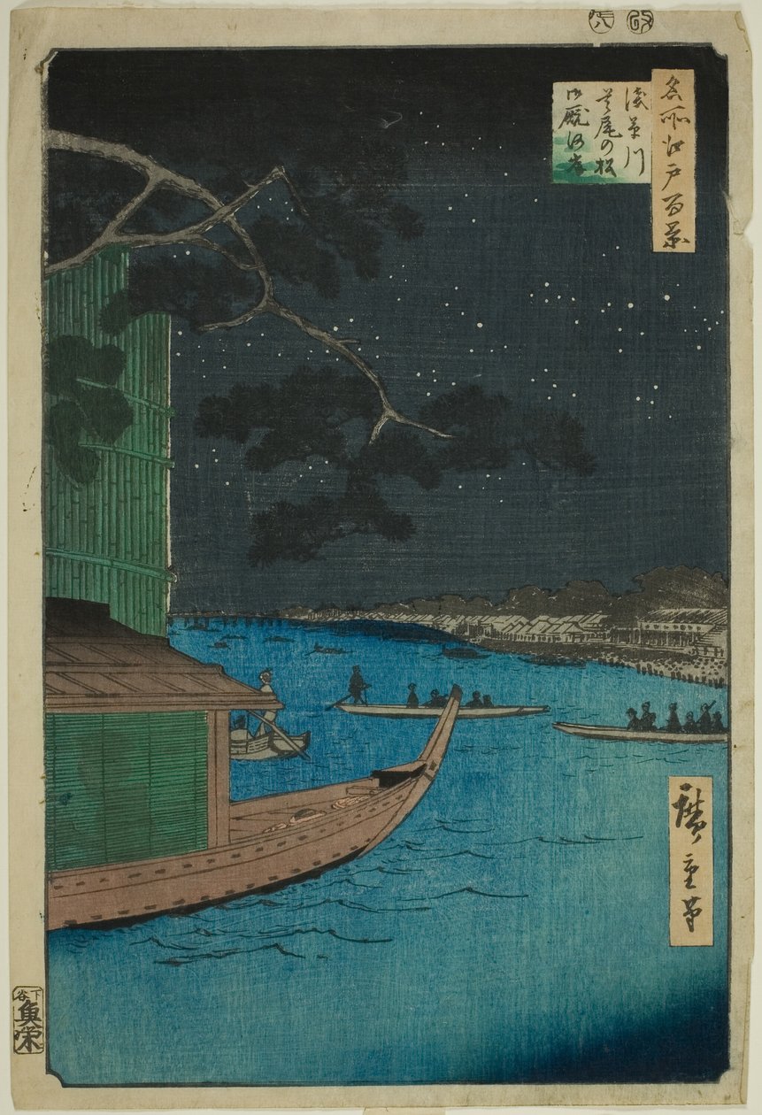 Sosna Sukcesu i Oumayagashi nad rzeką Asakusa (Asakusagawa shubi no matsu Oumayagashi), z serii „Sto słynnych widoków Edo (Meisho Edo hyakkei)” autorstwa Utagawa Hiroshige