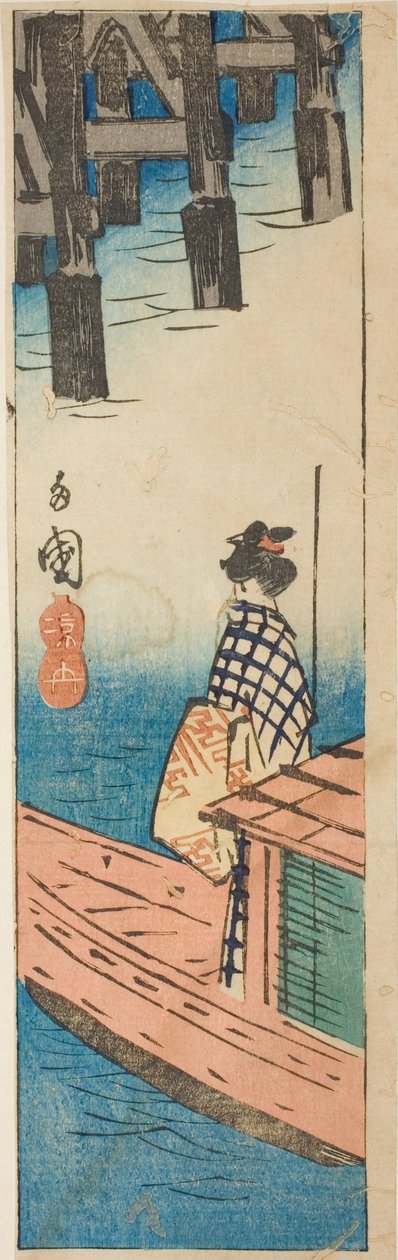 Statek wycieczkowy przy moście Ryogoku (Ryogoku suzumibune), fragment arkusza z serii „Wycinanki znanych miejsc w Edo (Harimaze Koto meisho)” autorstwa Utagawa Hiroshige