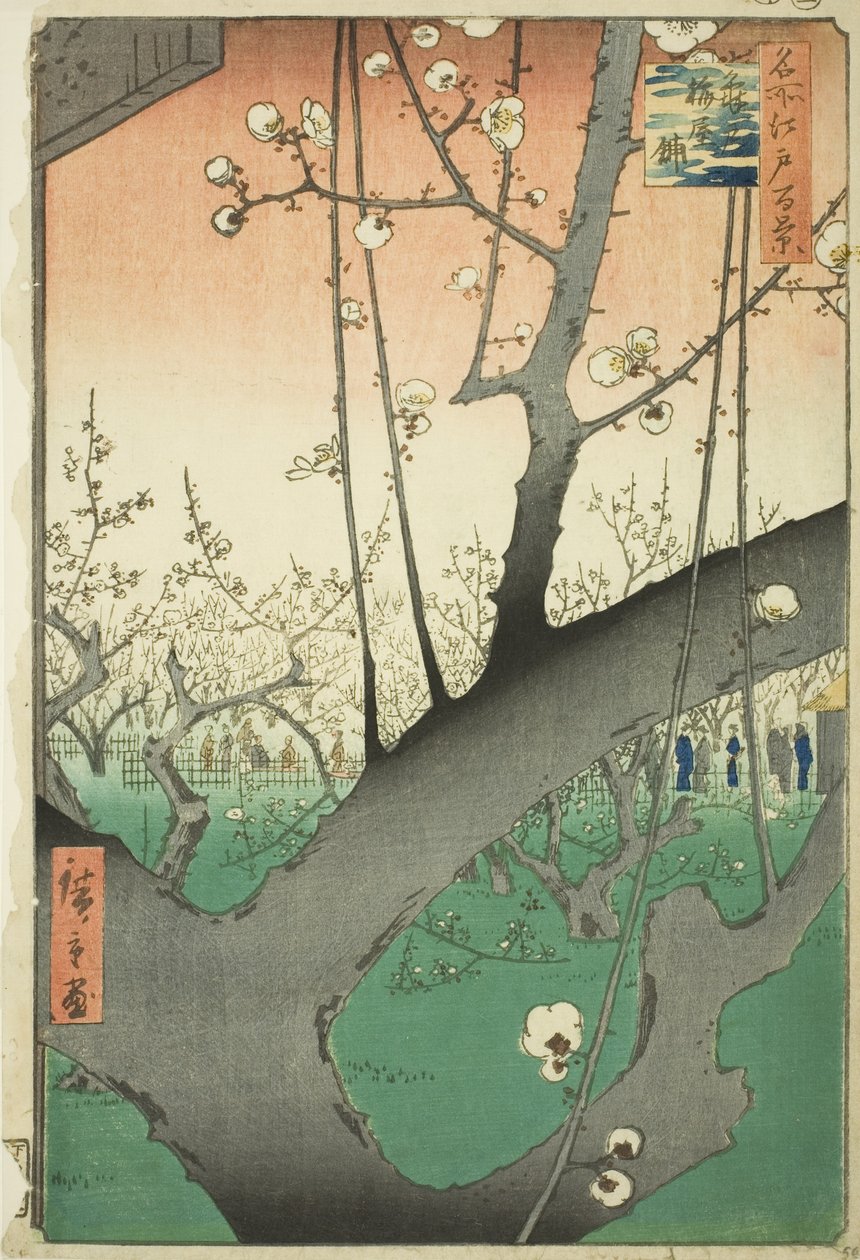 Pum gar t Kameido (Kameido Umeyashiki), z serii „Ridge d red fa net s Views of Edo (Sto słynnych widoków Edo)” autorstwa Utagawa Hiroshige