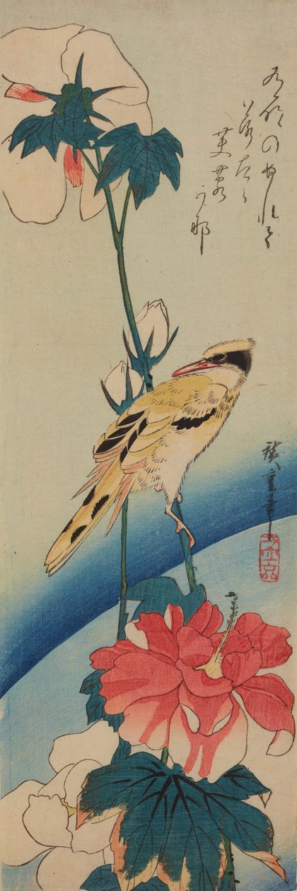 Vogel (Gelber Zimtkopf) auf einem Ast der Chinesischen Rose / Fuyo-ni koraiuguisu autorstwa Utagawa Hiroshige
