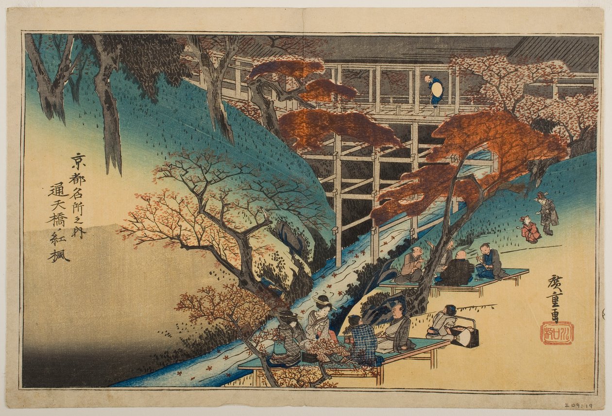 Klony czerwone przy moście Tsūten, z serii „Słynne miejsca w Kioto” autorstwa Utagawa Hiroshige