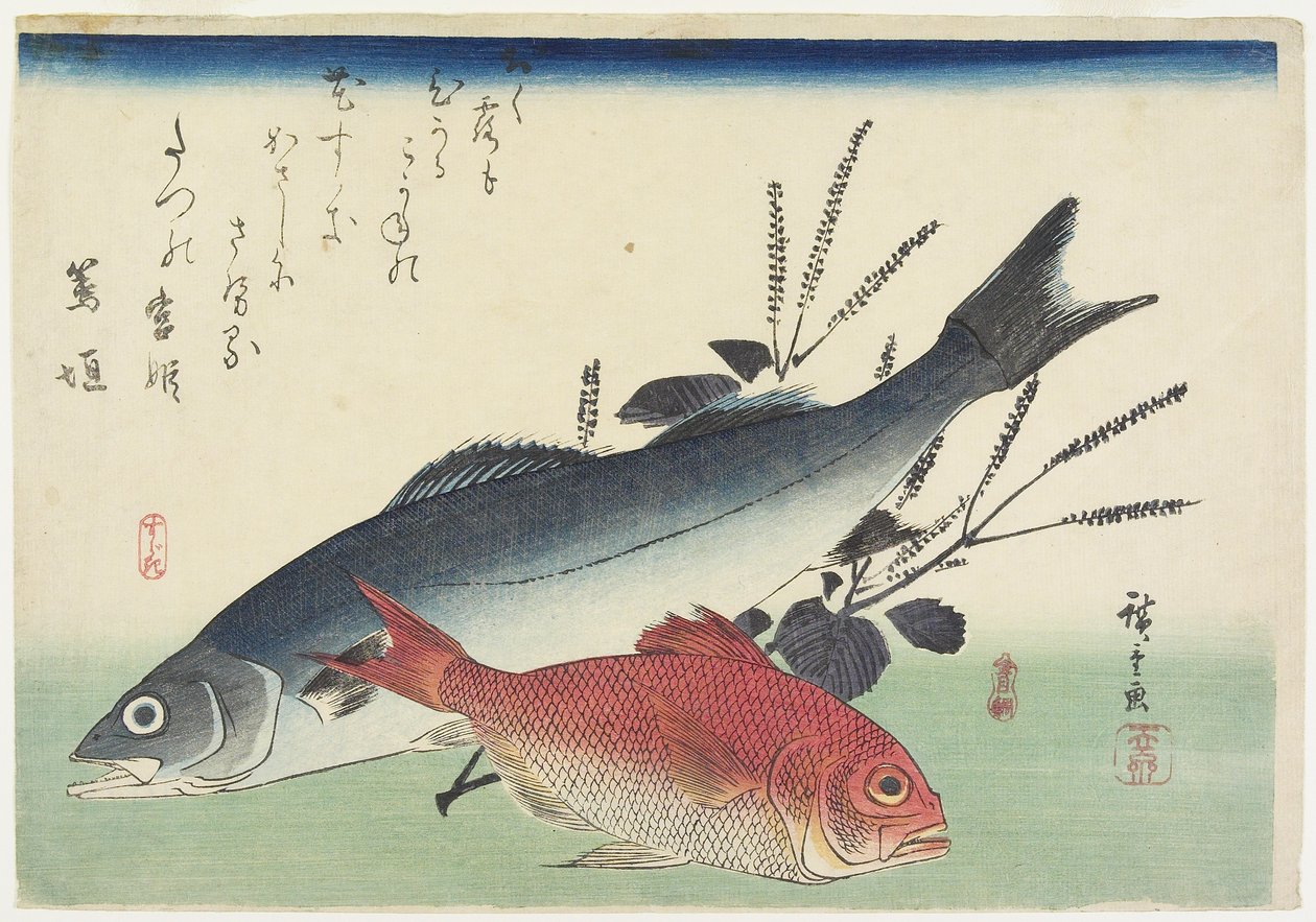 Lucjan pospolity, okoń morski i Perilla, ok. 1930 r. 1840 autorstwa Utagawa Hiroshige