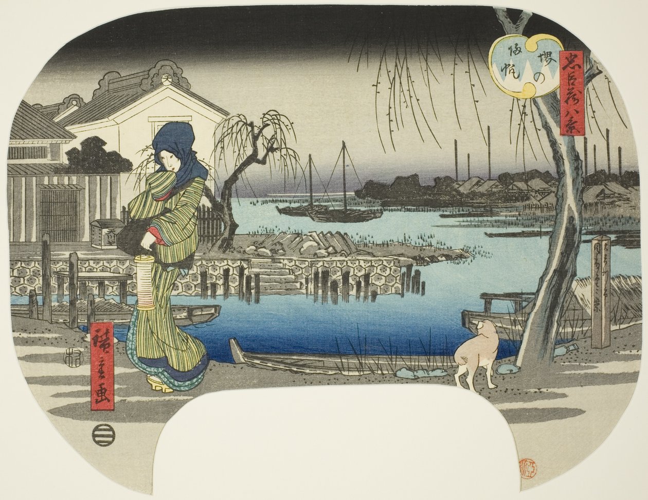 Powracające żagle w Sakai (Sakai no kihan), z serii „Osiem widoków ze skarbca lojalnych wiernych (Chushingura hakkei)” autorstwa Utagawa Hiroshige
