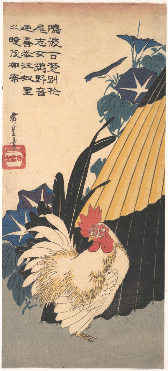 Hahn, Regenschirm und Morgenruhm autorstwa Utagawa Hiroshige