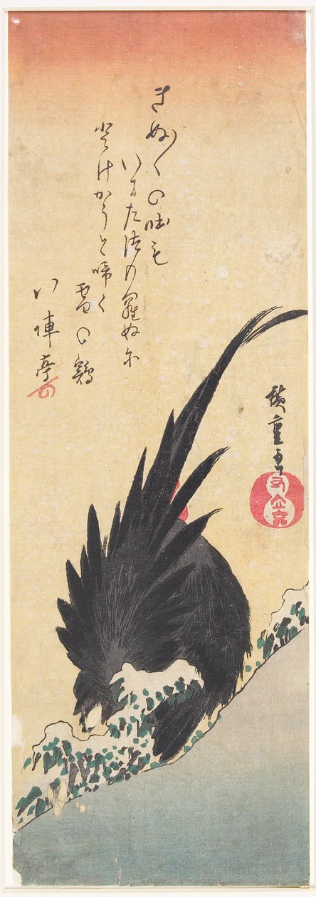 Kogut na zaśnieżonym zboczu autorstwa Utagawa Hiroshige