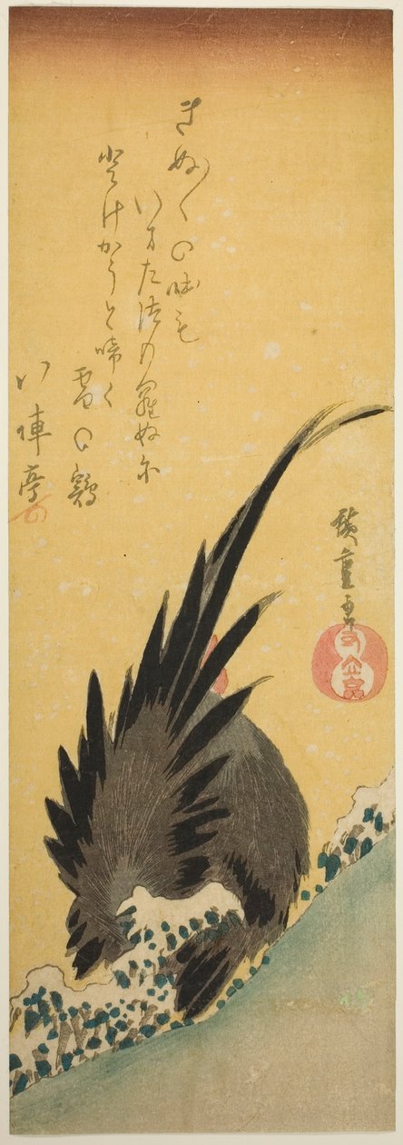 Kogut na zboczu wzgórza zimą autorstwa Utagawa Hiroshige