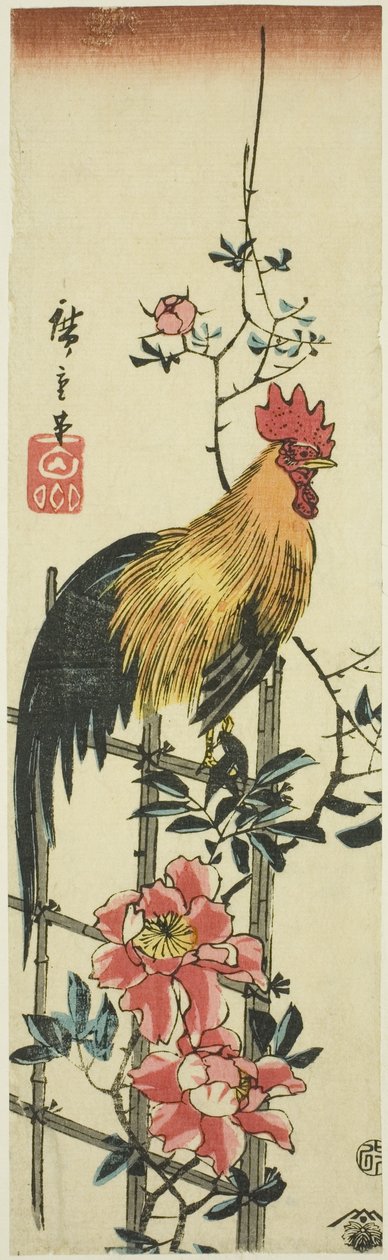 Kogut siedzący na różanej kratownicy autorstwa Utagawa Hiroshige