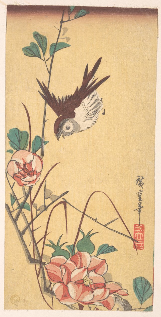 Róże i wróbel autorstwa Utagawa Hiroshige