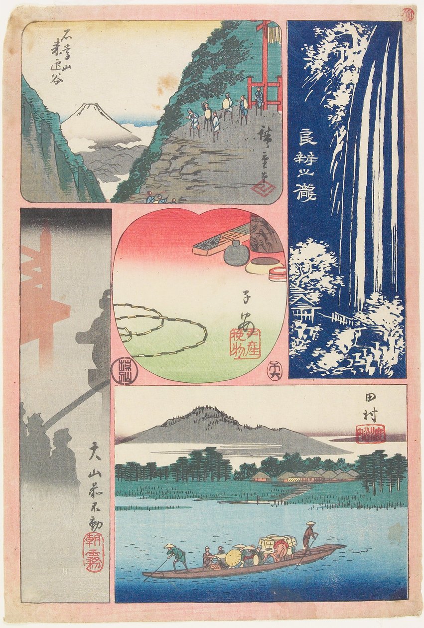 Wodospad Ryōben-zan, Prom w Tamurze, Poranna mgła w świątyni Ōyama, Góra i dolina, Pamiątka z Koyasu autorstwa Utagawa Hiroshige