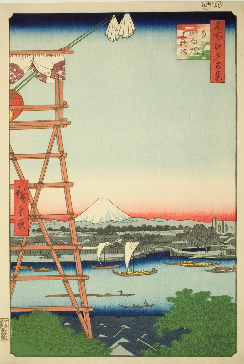 Rokoku Eco-członek Plan d Motoyanagi Bridge (Rokoku Eco-członek Motoyanagibashi), z serii „Ridge d red Fa net s views f Edo (sto widoków słynnych miejsc Edo)” autorstwa Utagawa Hiroshige
