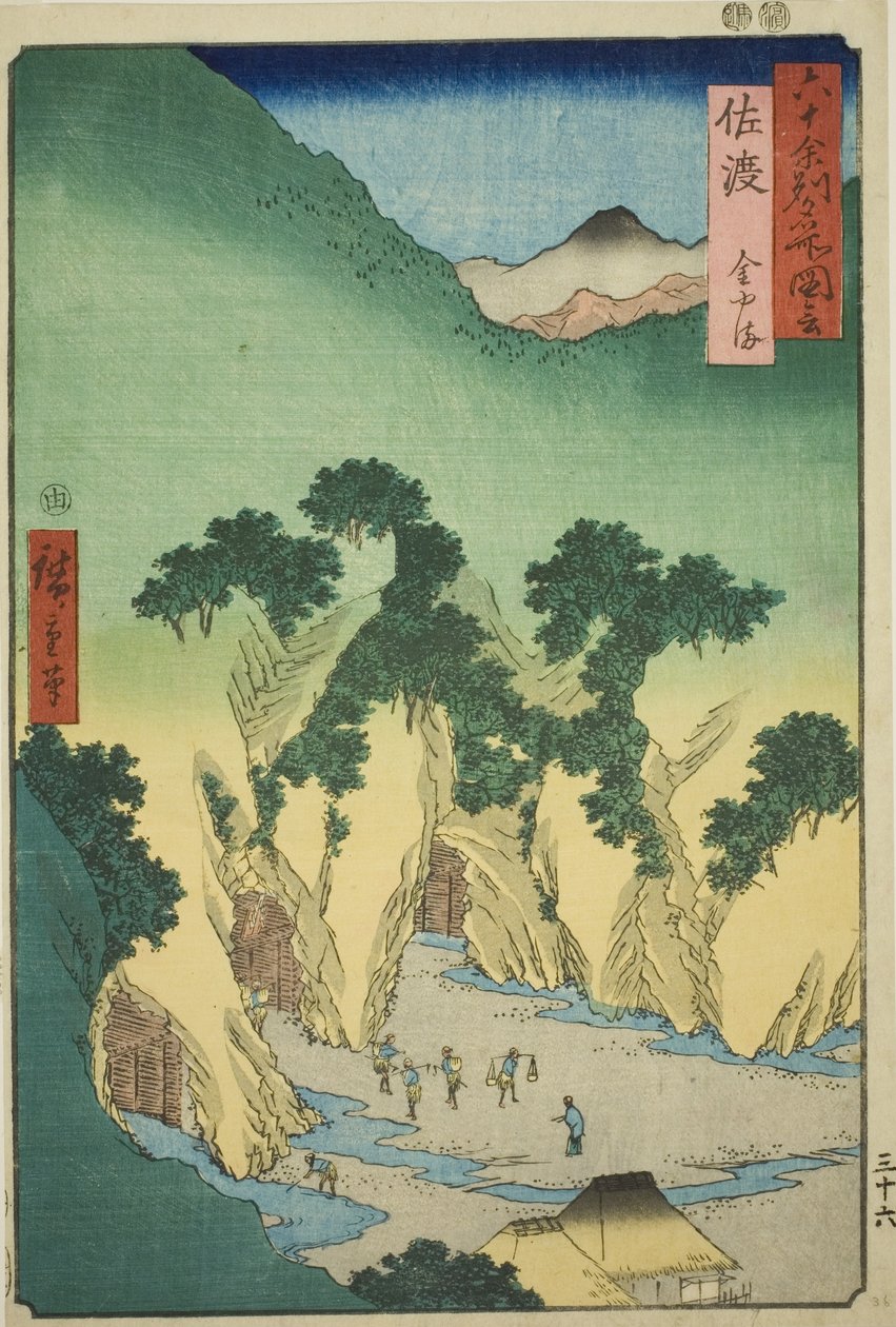 Prowincja Sado: Kopalnie złota (Sado, Kinzan), z serii „Słynne miejsca w sześćdziesięciu nieparzystych prowincjach (Rokujuyoshu meisho zue)” autorstwa Utagawa Hiroshige