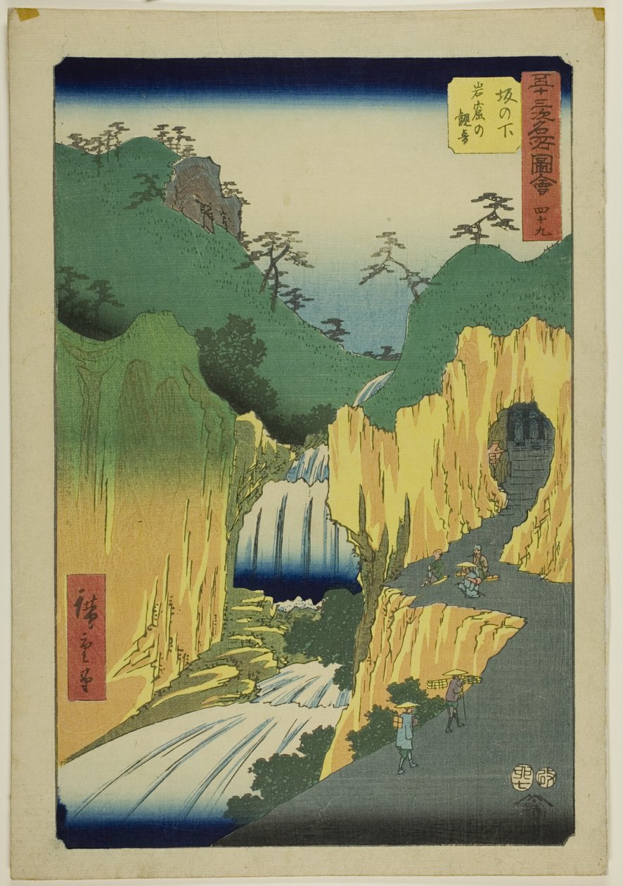Sakanoshita: Kannon in the Cave (Sakanoshita, Gankutsu no Kannon), no. 49 z serii "Famous Sights of the Fifty-three Stations (Gojusan tsugi meisho zue)", znanej również jako Vertical Tokaido. autorstwa Utagawa Hiroshige