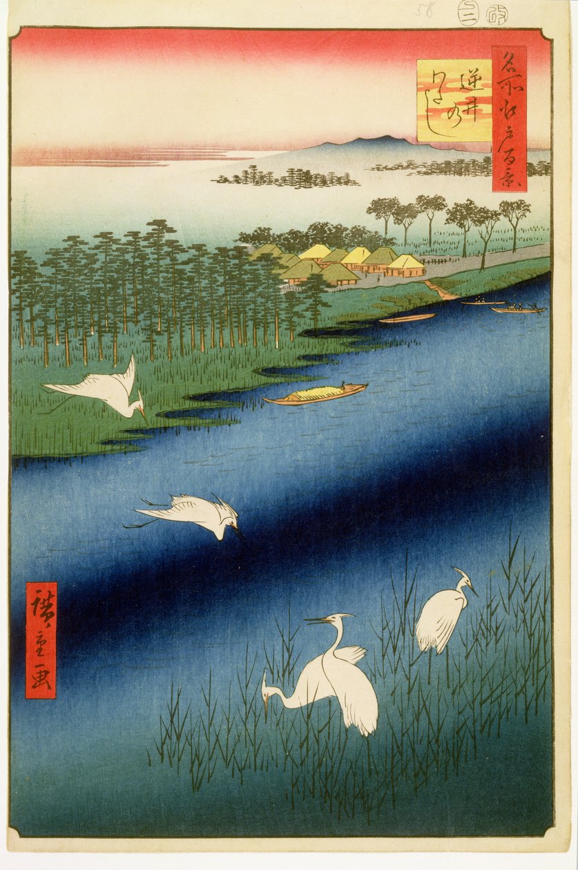 Prom Sakasai, tablica 67 z serii Sto słynnych widoków Edo, okres Edo, epoka Ansei, 1857 (drewnodruk) autorstwa Utagawa Hiroshige