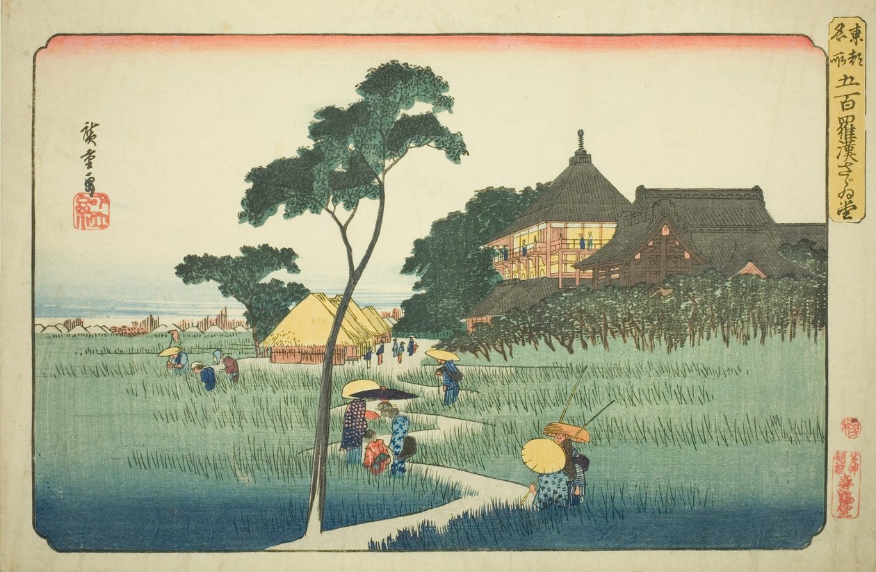 Sala Sazai w Świątyni Pięciuset Arhatów (Gohyaku rakan Sazaido), z serii „Słynne miejsca we wschodniej stolicy (Toto meisho)” autorstwa Utagawa Hiroshige