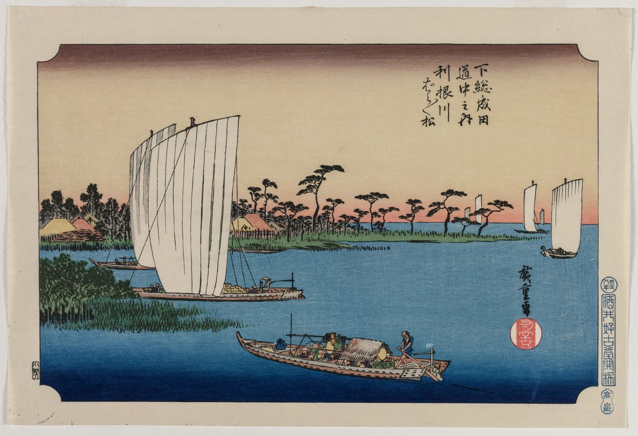 Rozrzucone sosny nad rzeką Tone z serii Droga do Narity w prowincji Shimosa autorstwa Utagawa Hiroshige