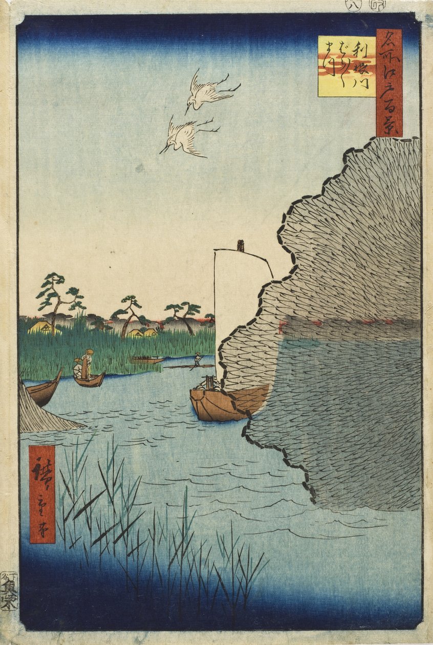 Rozproszone sosny, rzeka Tone autorstwa Utagawa Hiroshige