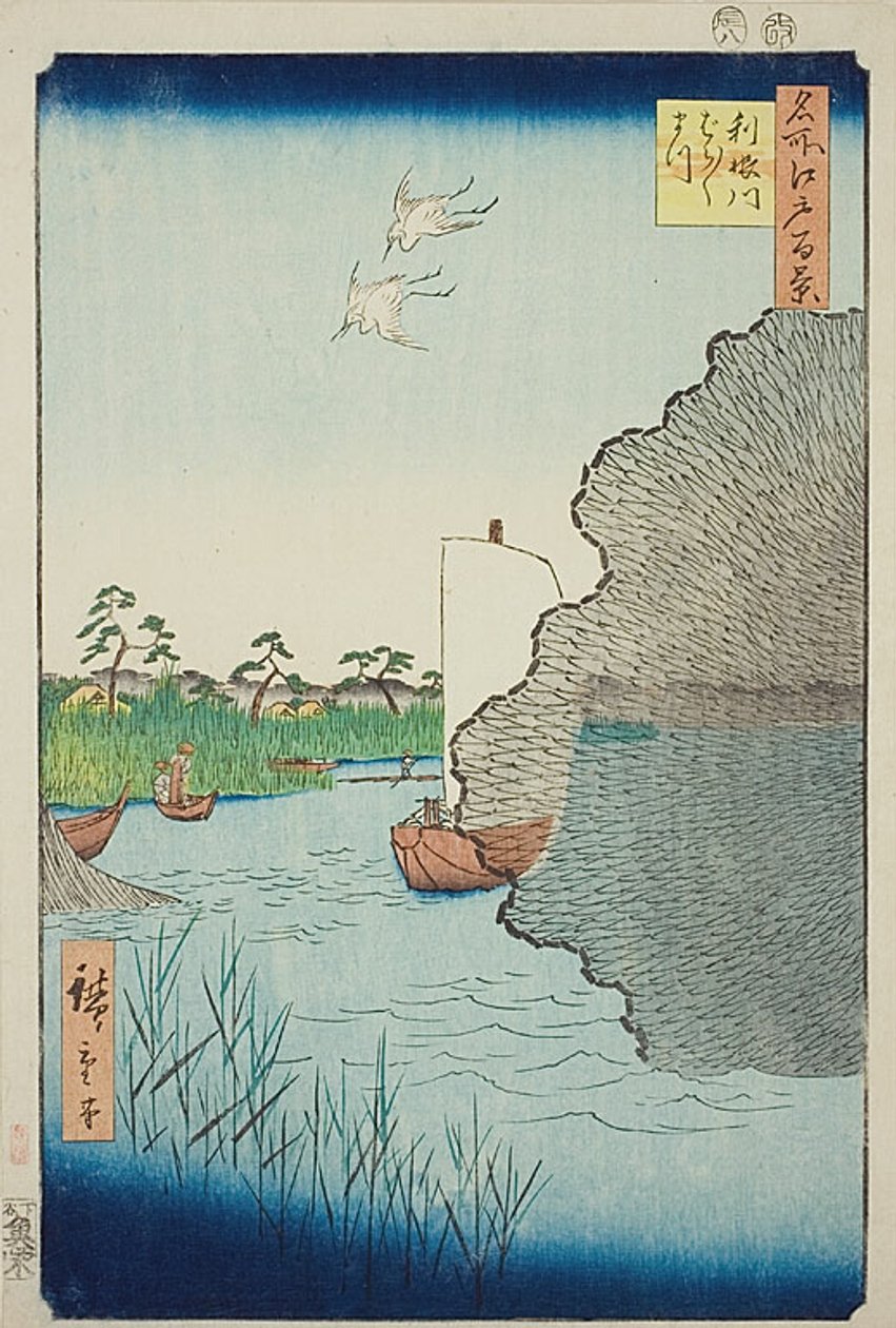 Rozrzucone sosny nad rzeką Tone (Tonegawa Barabara-matsu), nr 71 z serii "Sto słynnych widoków Edo (Meisho Edo hyakkei)". autorstwa Utagawa Hiroshige
