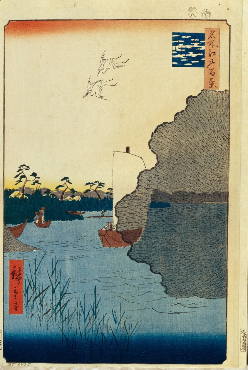 Rozrzucone sosny na rzece Tone Sto słynnych widoków Edo, 1856-1858 autorstwa Utagawa Hiroshige