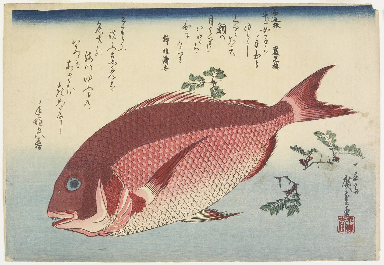 Dorada i Sansho_Sprigs, c. 1832 autorstwa Utagawa Hiroshige