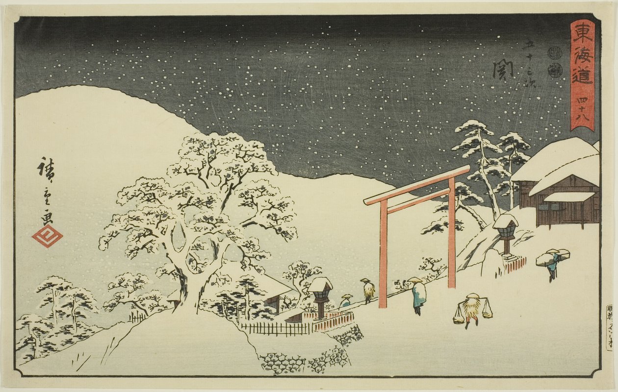 Seki — nie. 48, z serii „Pięćdziesiąt trzy stacje Tokaido (Tokaido gojusan tsugi),” znanej również jako Reisho Tokaido autorstwa Utagawa Hiroshige