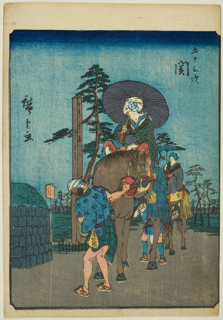 siedzenie, z serii „pięćdziesiąt trzy dźwięki tachi” „miejskości” (następnie Goshuyama) ) autorstwa Utagawa Hiroshige