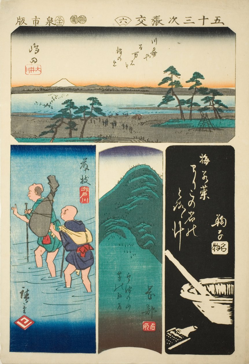 Shimada, Fujieda, Okabe i Mariko, nie. 6 z serii „Wycinanki z pięćdziesięciu trzech stacji (Gojusan tsugi harimaze)” autorstwa Utagawa Hiroshige