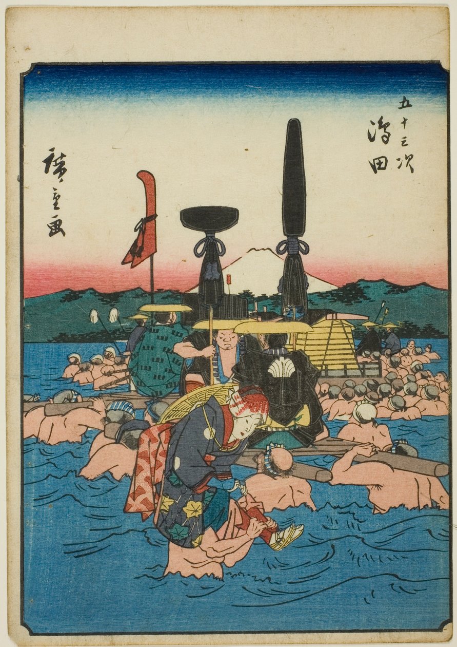 Shimada, z serii „pięćdziesiąt trzy brzmienia Stachi” „miejskości” (następna Goshuyama) autorstwa Utagawa Hiroshige