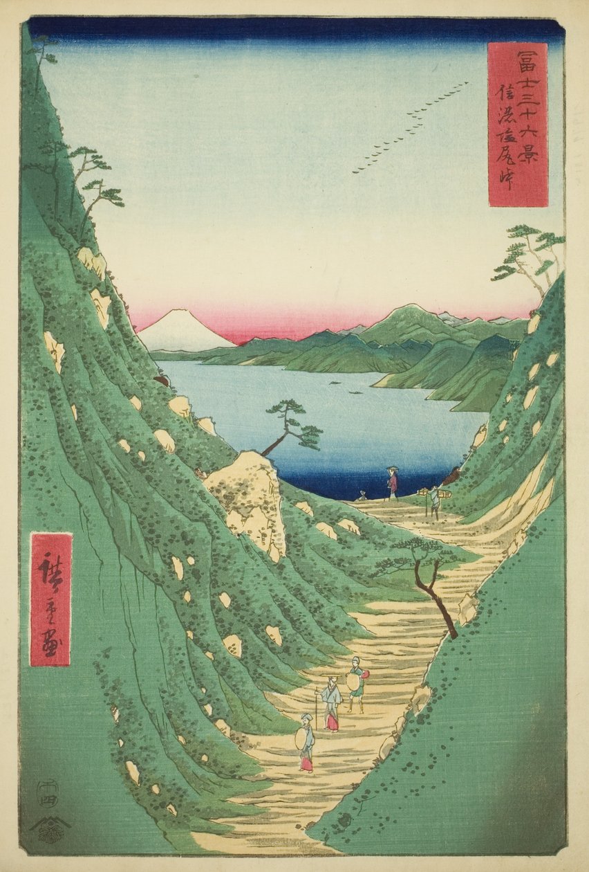 Przełęcz Shiojiri w prowincji Shinano (Shinano Shiojiri toge), z cyklu „Trzydzieści sześć widoków na górę Fuji (Fuji sanjurokkei)” autorstwa Utagawa Hiroshige