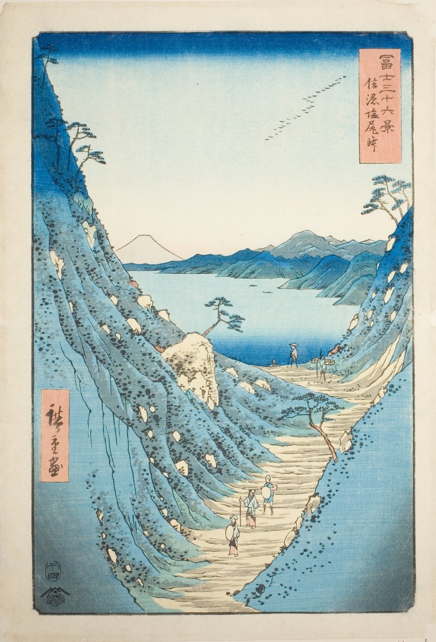 Przełęcz Shiojiri w prowincji Shinano (Shinano Shiojiri toge), z cyklu „Trzydzieści sześć widoków na górę Fuji (Fuji sanjurokkei)” autorstwa Utagawa Hiroshige