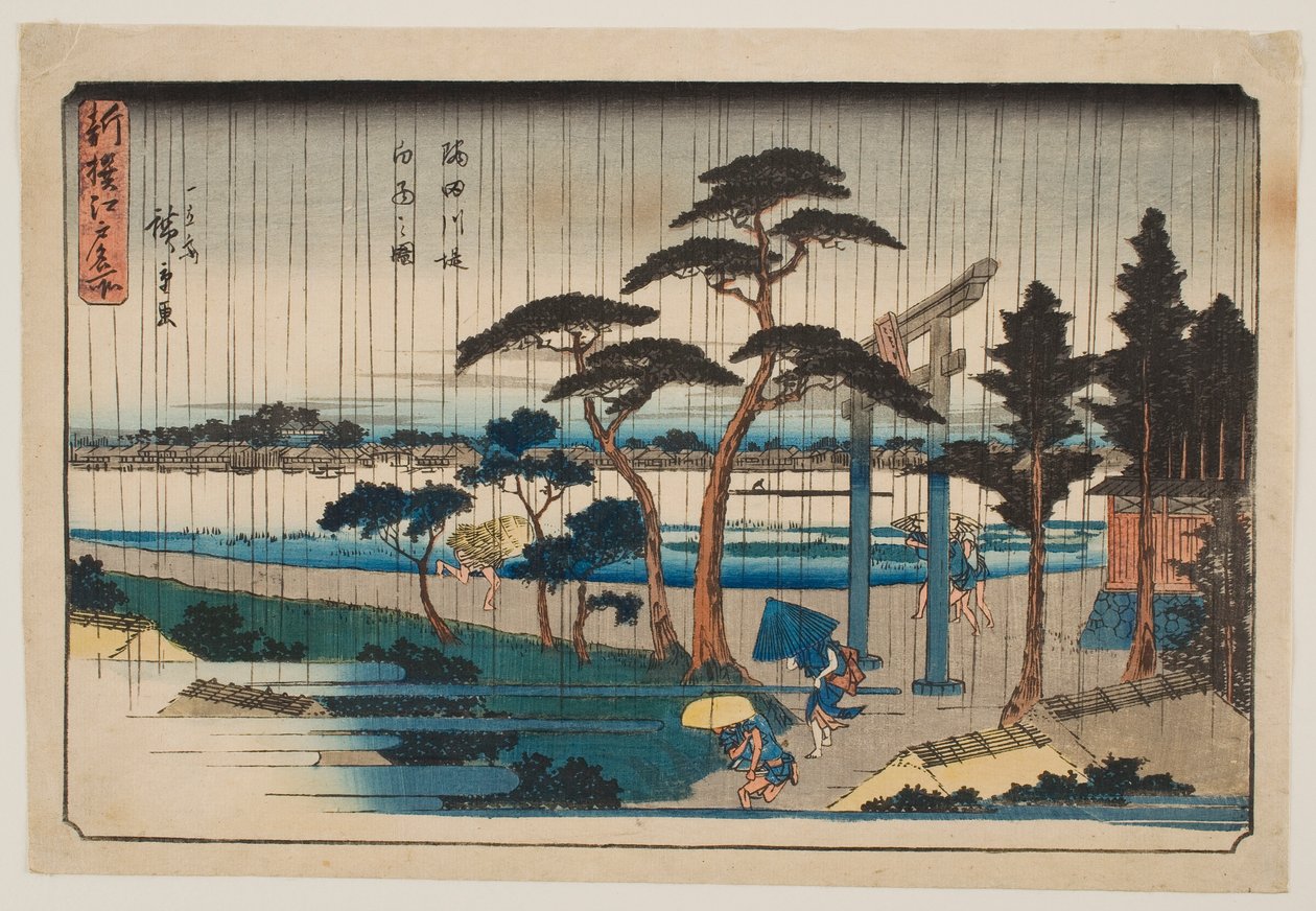 Prysznic na nasypie rzeki Sumida, z cyklu „Nowy wybór słynnych miejsc w Edo” autorstwa Utagawa Hiroshige
