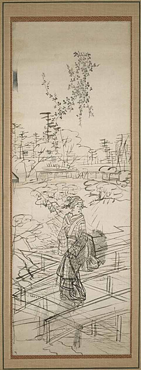 Szkic kobiety przechodzącej przez most autorstwa Utagawa Hiroshige