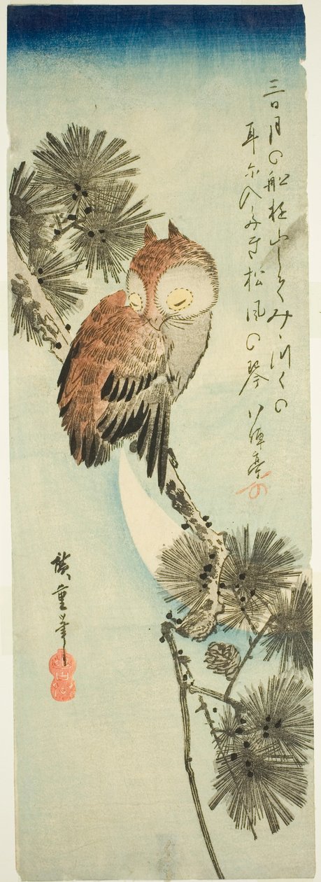 Mała sowa rogata, sosna i półksiężyc autorstwa Utagawa Hiroshige