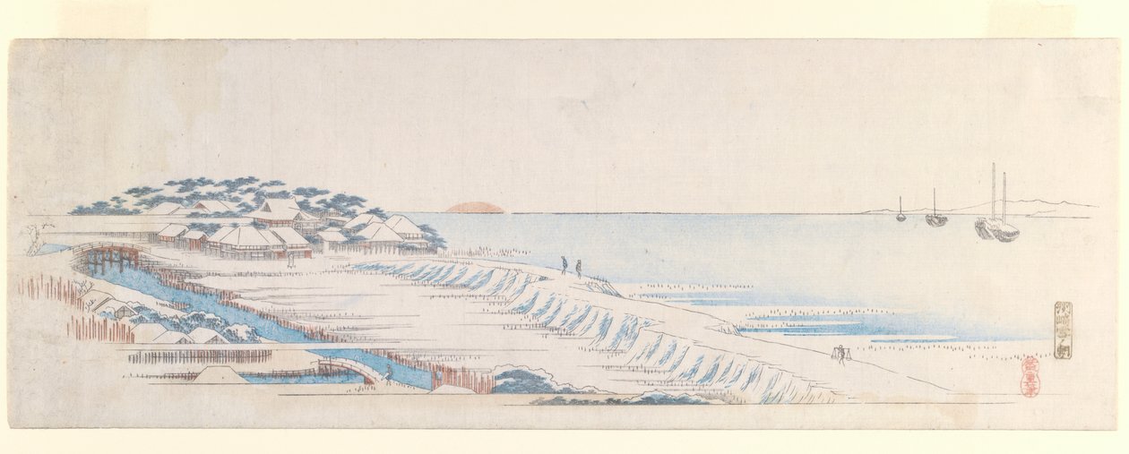 Śnieżny świt w Susaki, z zestawu Arkusze listów, ok. 1839-40 (kolorowy drzeworyt) autorstwa Utagawa Hiroshige