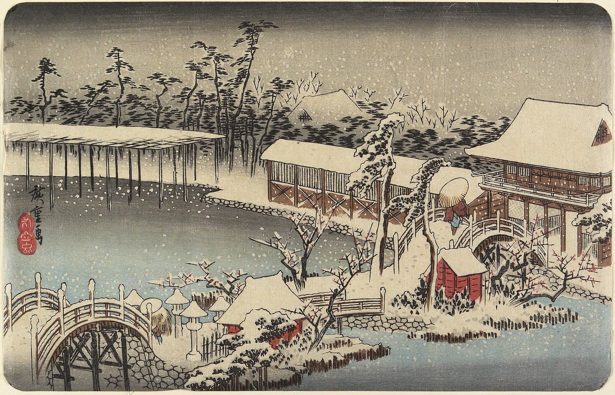 Śnieg na terenie świątyni Kameido Tenman, 1832-1834 autorstwa Utagawa Hiroshige