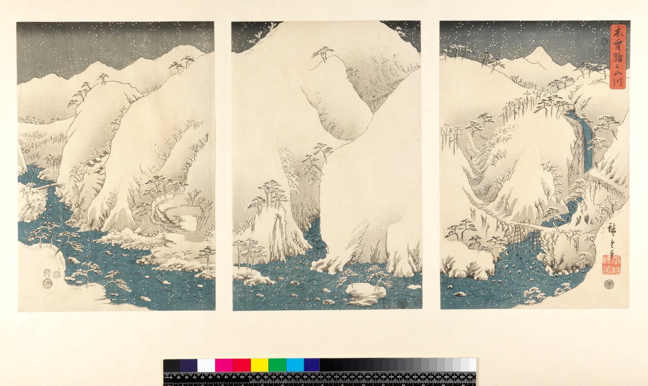 Burza śnieżna w górach i rzekach Kiso, (sanmaitsuzuki - tryptyk, yoko-e - format poziomy, kolorowy drzeworyt) autorstwa Utagawa Hiroshige