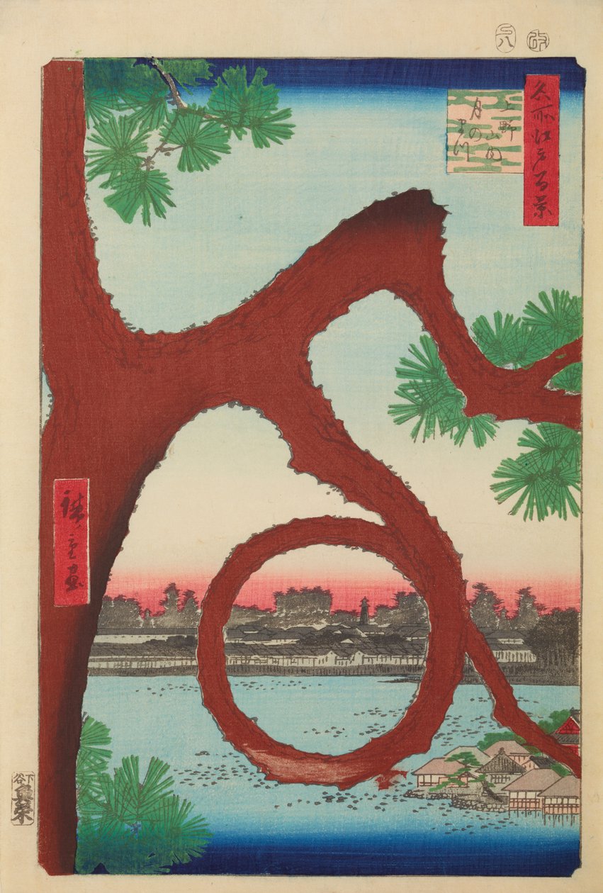 Sosna w kształcie księżyca na wzgórzu Ueno / Ueno sannai Tsuki no matsu, plansza 89. z serii: Sto słynnych widoków Edo / Meisho Edo hyakkei autorstwa Utagawa Hiroshige