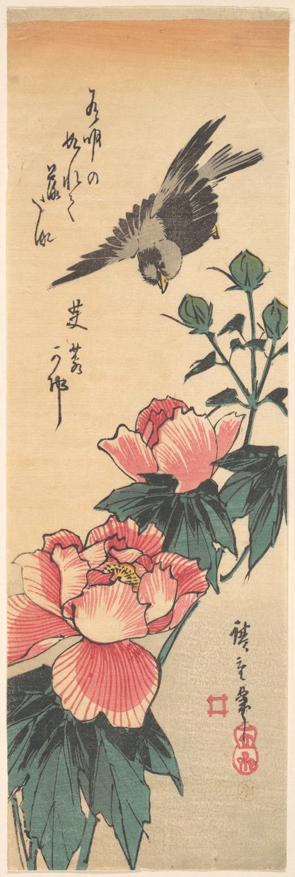 Wróbel i hibiskus autorstwa Utagawa Hiroshige