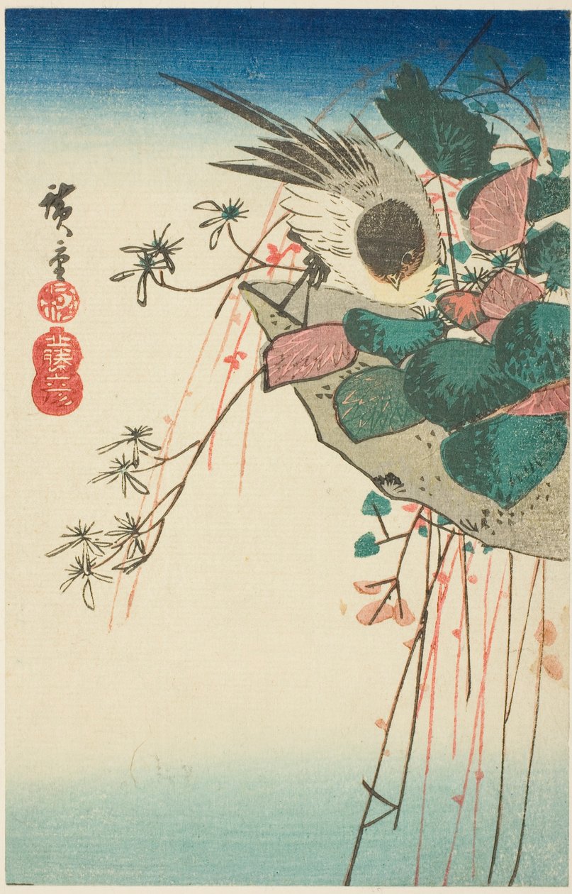 Wróbel na wiszącej donicy autorstwa Utagawa Hiroshige