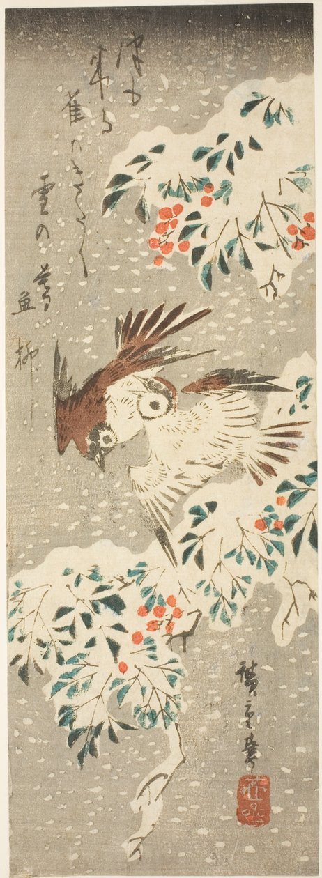 Wróble przemykające wokół ośnieżonej Nandiny, gdy pada więcej śniegu autorstwa Utagawa Hiroshige