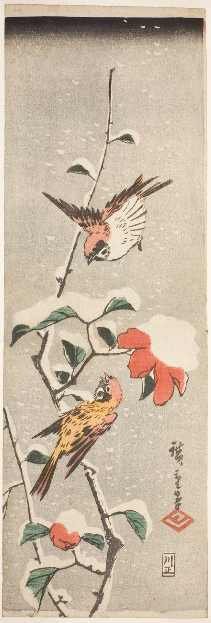 Wróble i Kamelia w śniegu autorstwa Utagawa Hiroshige