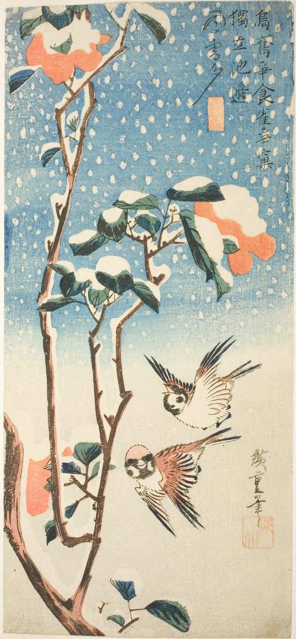 Wróble i Kamelia w śniegu autorstwa Utagawa Hiroshige