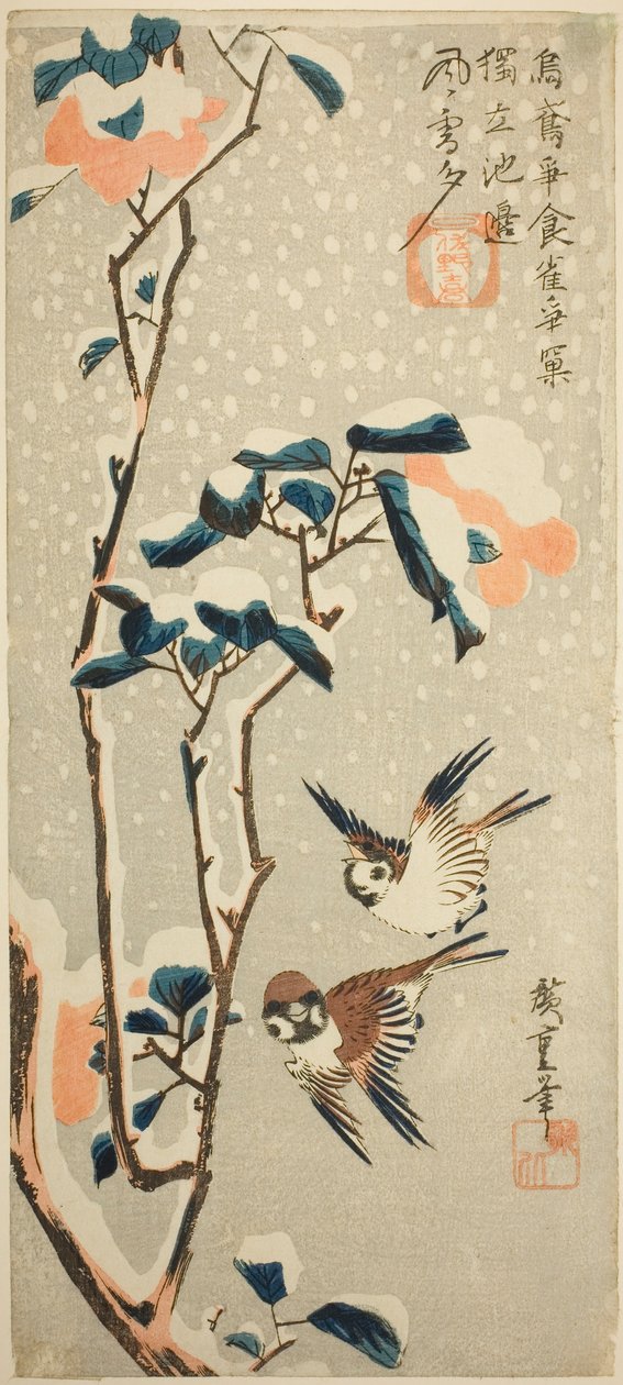 Wróble i Kamelia w śniegu autorstwa Utagawa Hiroshige